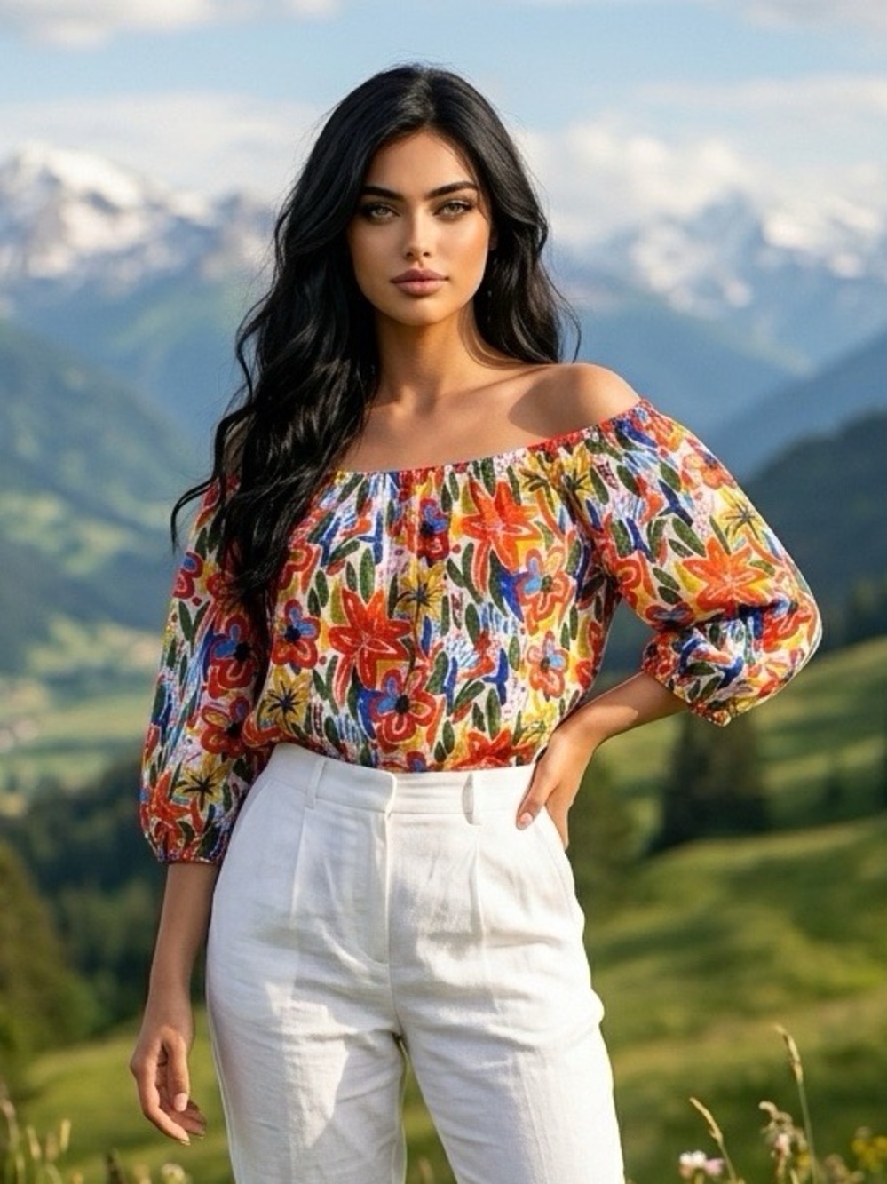 Off-Shoulder Floral Peasant Top in Multicolor - XL